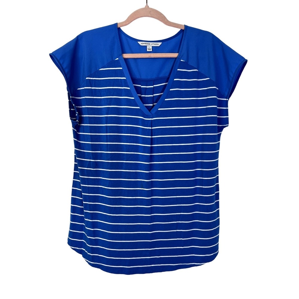 Adrienne Vittadini Blue & White Stripes Chiffon Shoulders Short Sleeve Blouse L